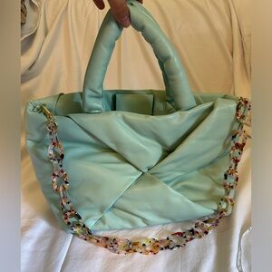 Blue puffy pleather tote
